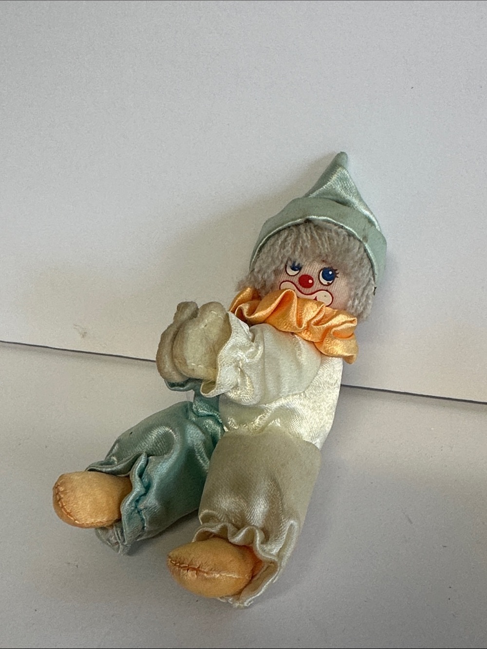 Plush Clown Doll in Mint, Cream & Yellow Satin